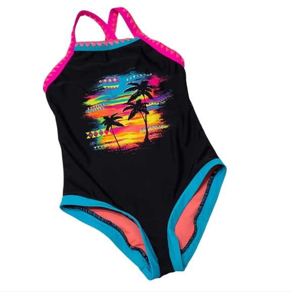Breaking Waves Other - Girls Size 6 One Piece Swimsuit Bathing Suit Black Pink Palm Trees Neon EUC